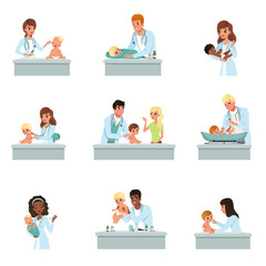 Sticker - Pediatrician doctors doing medical examination of babies set, male and female doctors checkup for little kids vector Illustrations