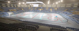 Fototapeta Miasto - 3d hockey stadium with blank cube text space and an empty ice rink sport arena rendering