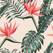 Bird of paradise leaves green color tropical seamless pattern