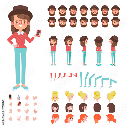 Front Side Back View Animated Character Hipster Girl Character