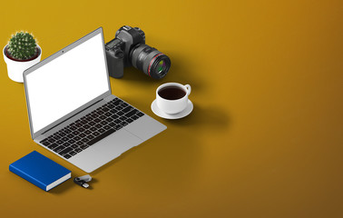 Wall Mural - perspective view of laptop with office tools. workspace mock up. isometric.