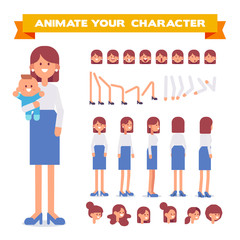 Canvas Print - Front, side, back, 3/4 view animated character. Young mother character constructor with various views, hairstyles, face emotions, poses. Cartoon style, flat vector illustration.