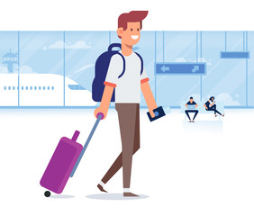 People traveling design. Smiling man holding passport ready for vacation travel at the airport. Flat Vector illustration. Character design.