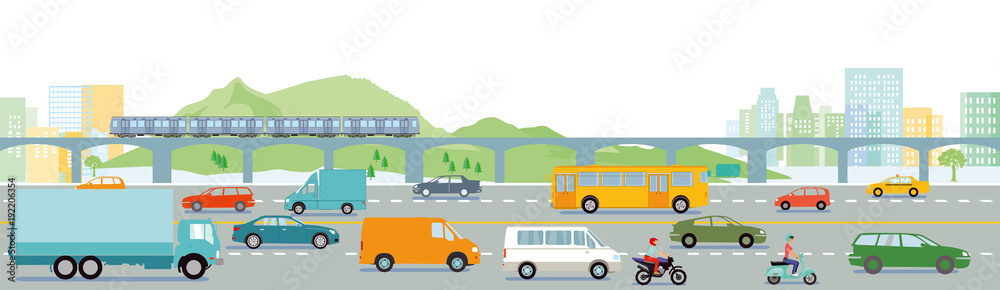 Autobahn mit Großstadt illustration - obrazy, fototapety, plakaty 