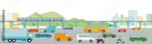 Fotografía Autobahn mit Großstadt illustration