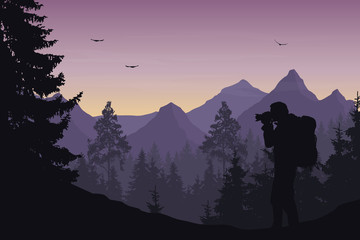 Wall Mural - vector illustration of a mountain landscape with a forest and photographers tourist