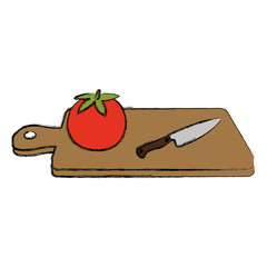 Poster - fresh tomato with knife in kitchen board vector illustration design