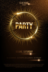 Wall Mural - Party vector poster template with shining golden rays and glitter on dark background.