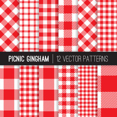 Wall Mural - Red and White Picnic Tablecloth Style Gingham and Checks Vector Patterns. Backgrounds for Restaurant Menus or Food Packaging. Pixel Pattern Swatches Included.