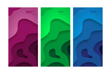 Poster - Vector paper art background set. Violet, green and blue templates for your design.