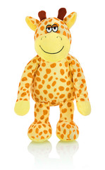 Wall Mural - Giraffe plushie doll isolated on white background with shadow reflection. Giraffe plush stuffed puppet on white backdrop. Colored stuffed giraffe toy. Yellow giraffe.