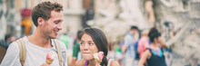 Summer Fun Funny Girl Eating Ice Cream Licking Lips Goofy With Man Laughing. Young Couple Happy Eating Gelato Cones On Italy Rome Travel Destination, Europe Vacation Banner Panorama.