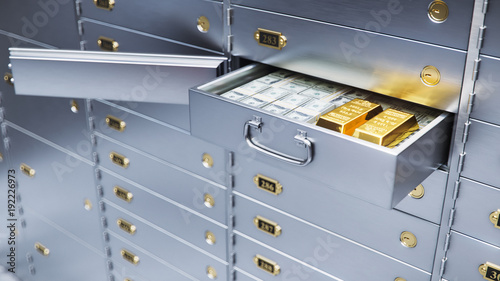 Cuadros en Lienzo open bank safe door with dollars bills and gold inside 3d illustration