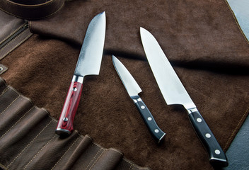 Excellent set of Japanese chef's knives from Damascus steel.