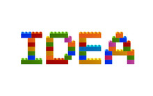 Word IDEA From The Blocks Of The Constructor. A Word From The Constructor. Multicolored Words With Blocks Of The Constructor. Words With Toy Blocks Of The Constructor. Plastic Building Blocks