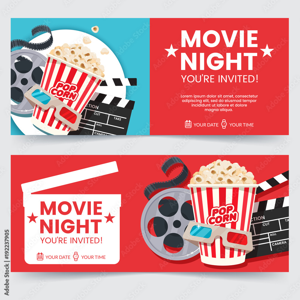 Cinema tickets design concept. Movie Night invitation. Cinema poster template. Composition with popcorn, clapperboard, 3d glasses and filmstrip. Banner design for movie theater. - obrazy, fototapety, plakaty 
