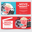 Cinema tickets design concept. Movie Night invitation. Cinema poster template. Composition with popcorn, clapperboard, 3d glasses and filmstrip. Banner design for movie theater.