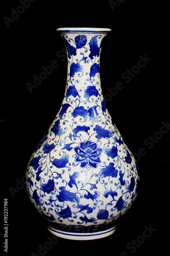 Fotografie, Obraz Oriental Style Blue Vase Black Background