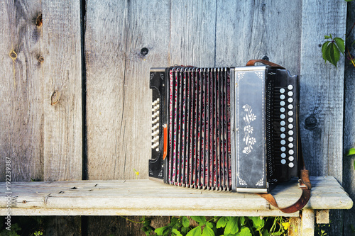 Fotografía Old lonely accordion on the bench in summer sunny weather