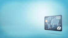 3d Rendering Of A Single Blue Plastic Banking Card With Generic Name Information On A Blue Background.