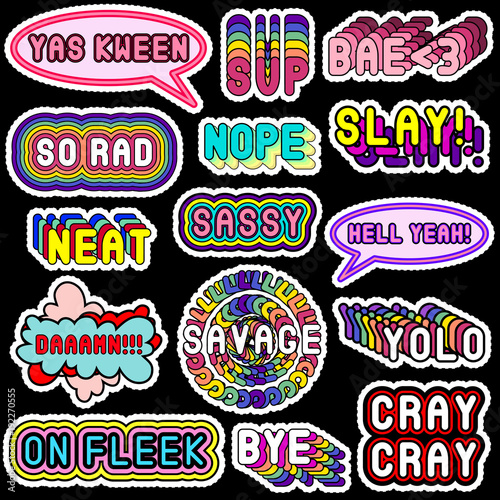 Vector set of cartoon slang phrases, words: 