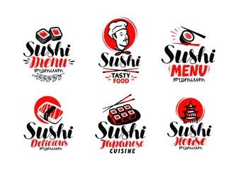 Poster - Sashimi, sushi, logo or label set. Japanese cuisine, healthy food typography. Lettering vector illustration