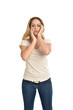 © faestock - 3/4 portrait of blonde girl wearing white shirt,  posing with hands touching body. isolated on white background.