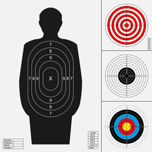 Shooting Target Set. Silhouette Of Human, Archery Target, Darts Board, Range Target For Firearm, .bow Or Crossbow.Templates For Print. Vector Illustration Isolated On White Background.