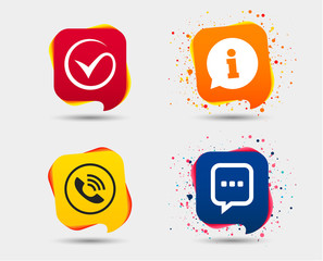 Poster - check or tick icon. phone call and information signs. support communication chat bubble symbol. spee
