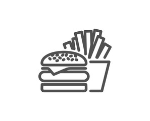 Wall Mural - Burger with fries line icon. Fast food restaurant sign. Hamburger or cheeseburger symbol. Quality design element. Editable stroke. Vector