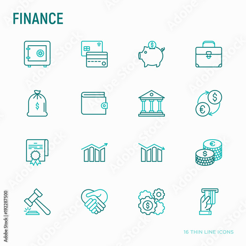 Finance Thin Line Icons Set Safe Credit Card Piggy Bank - 