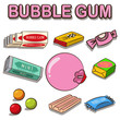 Bubble gum vector cartoon set isolated on white background. Woman lips with gum.