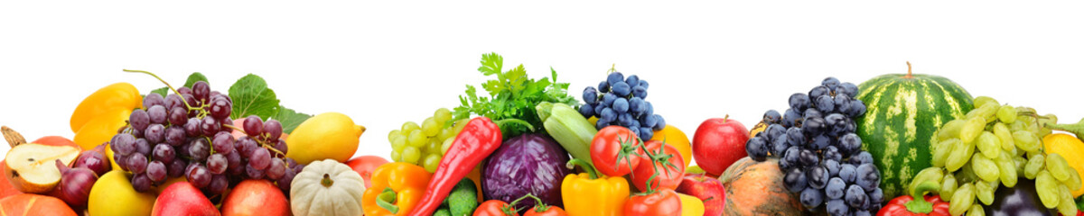 Collection fresh fruits and vegetables isolated on white background. Panoramic collage. Wide photo .