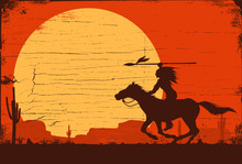 Silhouette Of Native American Indian Riding Horseback With A Spear On A Wooden Sign, Vector