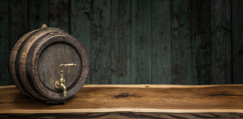 Wall Mural - Wine barrel on the old wooden table.
