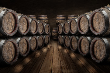 Wall Mural - Oak wine barrels in the wine cellar.