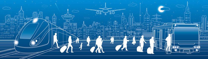 Wall Mural - Transport panorama. Passengers get on the bus leaving the train. Travel transportation infrastructure. The plane is on the runway. Night city on background, vector design art