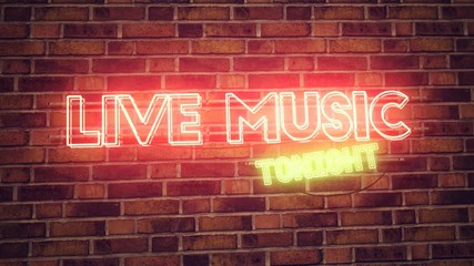 Wall Mural - Live music neon sign mounted on brick wall, animation