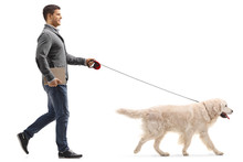 Man With A Book Walking A Dog