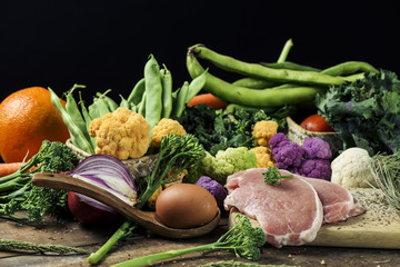 fruit, raw vegetables, eggs and meat