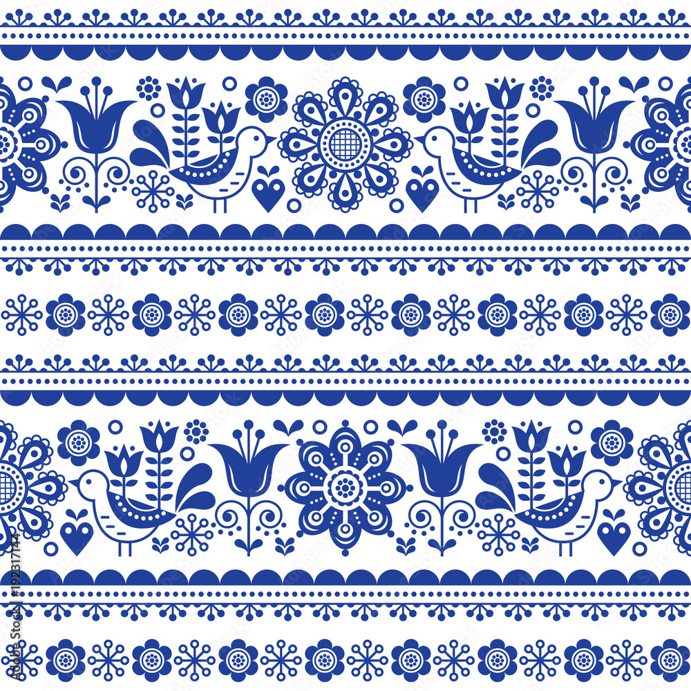 Scandinavian seamless vector pattern with flowers and birds, Nordic folk art repetitive navy blue ornament  - obrazy, fototapety, plakaty 