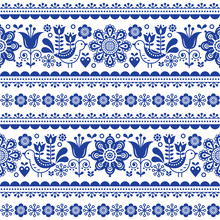 Scandinavian Seamless Vector Pattern With Flowers And Birds, Nordic Folk Art Repetitive Navy Blue Ornament 