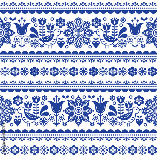 Fotografía Scandinavian seamless vector pattern with flowers and birds, Nordic folk art rep