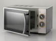no brand microwave oven in silver. slightly open, on light-grey background