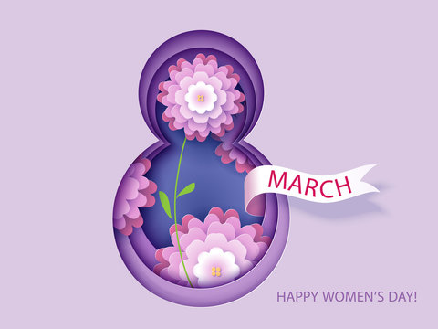 Card for 8 March womens day. Flowers inside number eight cut from paper. Abstract background with text and flowers .Vector illustration. Paper cut and craft style.