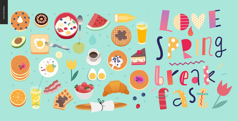 Love, spring, breakfast Lettering composition and a set of breakfast meal on the green-blue background