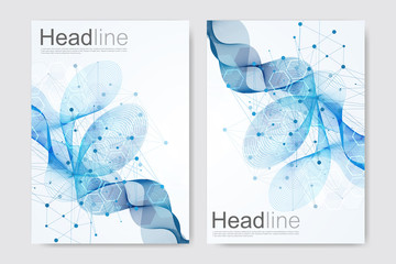 Poster - Scientific brochure design template. Vector flyer layout, Molecular structure with connected lines and dots. Scientific pattern atom DNA with elements for magazine, leaflet, cover, poster design.