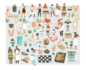 Hand drawn vector abstract cartoon cooking class illustrations icons collection set with cooking chef people characters mans,womans and cooking utensils and food isolated on white background