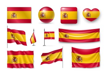 Wall Mural - Set Spain flags, banners, banners, symbols, flat icon. Vector illustration of collection of national symbols on various objects and state signs