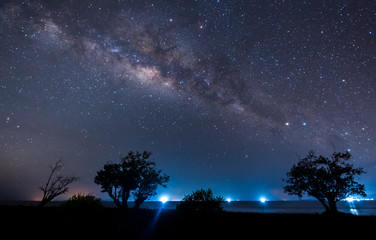 starry night sky milky way galaxy. image contain soft focus, blur and noise due to long expose and high iso.